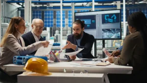 Engineers and architects collaborating around a table with blueprints and a yellow safety helmet, discussing a 3D model displayed on a screen in a high-tech workspace